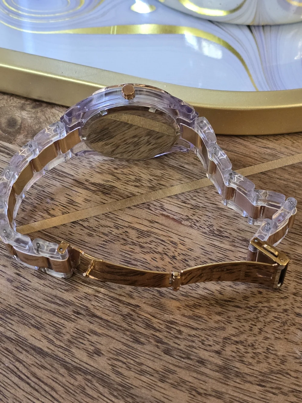 Fossil Crystal-Trim Acrylic Band Watch - Black & Rose Gold Plastic Watch